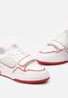 Biało-Czerwone Sneakersy przed Kostkę z Paskiem na Rzep i Ozdobnymi Przeszyciami Elicela