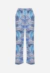 Niebiesko-Szare Szerokie Spodnie z Wiskozy z Elastyczną Gumką w Pasie z Roślinnym Wzorem Tezosa