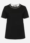 Czarny Bawełniany T-shirt ze Wstawką z Siateczki na Tyle i Ozdobnymi Cyrkoniami Obarca