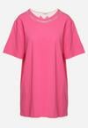 Różowy Bawełniany T-shirt ze Wstawką z Siateczki na Tyle i Ozdobnymi Cyrkoniami Obarca