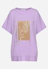 Fioletowy Bawełniany T-shirt z Nadrukiem i Haftowanymi Wstawkami Varetias