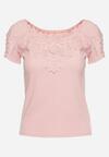 Różowy Bawełniany T-shirt z Koronką i Wycięciami na Rękawach Imilalca