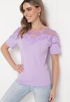 Fioletowy T-shirt Bawełniany z Koronkową Górą Naroca