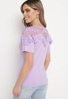 Fioletowy T-shirt Bawełniany z Koronkową Górą Naroca