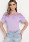Fioletowy T-shirt Bawełniany z Koronkową Górą Naroca