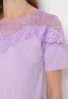 Fioletowy T-shirt Bawełniany z Koronkową Górą Naroca