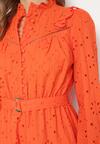 Pomarańczowa Haftowana Sukienka Mini z Bawełny z Paskiem i Ażurowym Wzorem Aislina