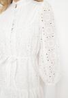 Biała Taliowana Sukienka Bawełniana z Materiałowym Paskiem i Ażurowymi Rękawami Kluriona