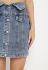 Granatowa Spódnica Jeansowa Mini z Talią Paper Bag Zapinana na Guziki Velaia