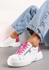 Biało-Różowe Sneakersy ze Skóry Naturalnej na Platformie Ozdobione Suwakiem Jugeria
