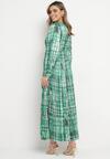 Zielona Sukienka Maxi z Gumką w Talii i Plisowanym Dołem w Tweedowy Wzór Viostana