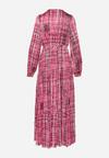 Fuksjowa Sukienka Maxi z Gumką w Talii i Plisowanym Dołem w Tweedowy Wzór Viostana