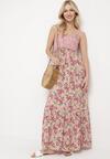 Różowa Wiskozowa Sukienka Maxi na Ramiączkach Rozkloszowana Nolwessa