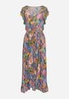 Fioletowa Asymetryczna Sukienka z Wiskozy z Gumką w Talii i Falbanką Carua