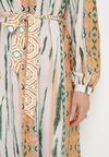 Beżowa Sukienka Koszulowa z Mozaikowym Wzorem i Wiązanym Paskiem Lilimea