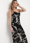 Czarna Sukienka Maxi Ozdobiona Marmurkowym Wzorem z Cienkimi Ramiączkami Fidellma