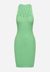 Zielona Dopasowana Sukienka Mini z Ozdobnym Dekoltem z Prążkowanej Dzianiny Kaile
