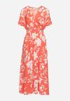 Pomarańczowo-Biała Sukienka Długa z Kopertową Górą w Kwiatowy Print Solmare