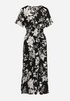 Czarno-Biała Sukienka Długa z Kopertową Górą w Kwiatowy Print Solmare