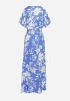 Niebieska Rozkloszowana Sukienka Kopertowa z Gumką i Paskiem w Talii w Kwiaty Thoaila