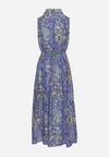 Niebiesko-Fioletowa Rozkloszowana Sukienka w Kwiaty bez Rękawów Syloria