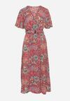 Ciemnoróżowa Rozkloszowana Sukienka z Kopertowym Dekoltem i Elastyczną Gumką w Talii z Paskiem Marisal