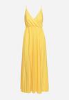 Żółta Rozkloszowana Sukienka Długa z Kopertowym Dekoltem na Ramiączkach Asmerria