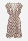 Beżowo-Sukienka Mini z Wiskozy w Mozaikowy Wzór z Gumką w Pasie Lariaa