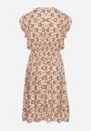 Brązowo-Beżowa Sukienka Mini z Wiskozy w Mozaikowy Wzór z Gumką w Pasie Lariaa