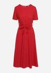 Czerwona Rozkloszowana Sukienka Midi z Materiałowym Paskiem Marjoni