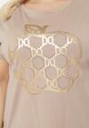 Ciemnobeżowy Bawełniany Komplet w Sportowo-Casualowy Legginsy T-shirt z Nadrukiem Celka
