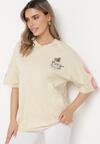 Beżowy Bawełniany T-shirt o Fasonie Oversize z Nadrukiem Misia Nellene