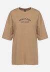 Beżowy T-shirt Oversize z Bawełny z Dużym Nadrukiem Kestrella