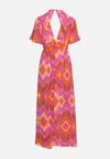 Fioletowo-Pomarańczowa Sukienka Rozkloszowana z Trójkątnym Dekoltem w Abstrakcyjny Wzór Valmana