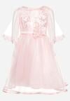 Różowa Elegancka Sukienka z Kwiatowymi Aplikacjami Koronką i Tiulem Pirevala