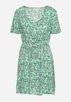 Zielona Sukienka Mini z Wiskozy w Mozaikowy Wzór z Trójkątnym Dekoltem i Sznureczkiem w Talii Pireta