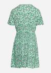 Zielona Sukienka Mini z Wiskozy w Mozaikowy Wzór z Trójkątnym Dekoltem i Sznureczkiem w Talii Pireta