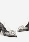 Czarne Sandały na Szpilce z Transparentnym Noskiem z Biżuteryjną Klamrą i Odkrytą Piętą Arfinada