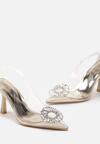 Złote Sandały na Szpilce z Transparentnym Noskiem z Biżuteryjną Klamrą i Odkrytą Piętą Arfinada