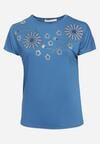 Niebieski Bawełniany T-shirt Nietoperz Ozdobiony Cyrkoniami Rinada