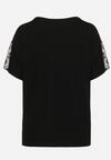 Czarny Bawełniany T-shirt o Fasonie Nietoperza z Metalicznym Nadrukiem Brielltia