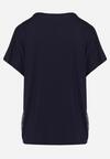 Granatowy Bawełniany T-shirt o Fasonie Nietoperza z Metalicznym Nadrukiem Brielltia