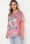 Różowy Bawełniany T-shirt o Fasonie Nietoperza z Metalicznym Nadrukiem Brielltia