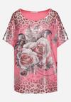 Różowy Bawełniany T-shirt o Fasonie Nietoperza z Metalicznym Nadrukiem Brielltia