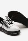 Biało-Czarne Sznurowane Sneakersy na Grubej Podeszwie ze Skórzaną Wkładką Napisami i Dekoracyjnym Suwakiem Iriane