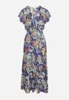 Granatowa Sukienka z Bawełny z Kolorowym Wzorem Gumką w Talii i Kopertowym Dekoltem Melliana