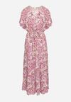 Różowa Bawełniana Sukienka z Gumką w Talii i Wzorem w Kwiatki Rheani