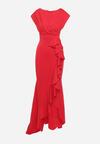 Czerwona Asymetryczna Sukienka z Dekoltem V i Ozdobną Falbaną Efiola