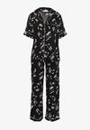Czarny Komplet Piżamowy w Print z Wiskozy Spodnie z Gumką w Talii i Koszulowa Góra Adispro
