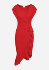 Czerwona Sukienka o Kopertowym Kroju z Falbankami i Trójkątnym Dekoltem Tanilla